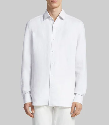 Camisa lisa en lino manga larga Hombre
