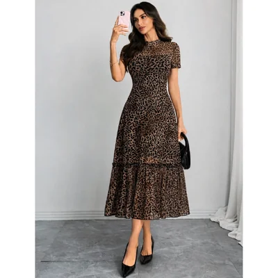 Vestido Largo Elegante para Mujer con Estampado Animal Print, Malla Transparente y Cuello Redondo Casual Chic Marron