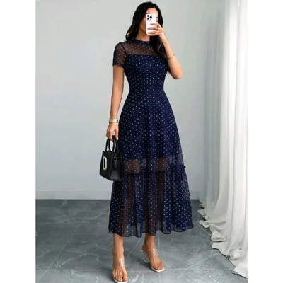 Vestido Largo Elegante para Mujer con Estampado de Lunares, Malla Transparente y Cuello Redondo Casual Chic Azul Marino