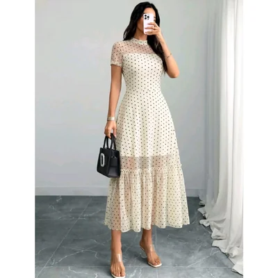 Vestido Largo Elegante para Mujer con Estampado de Lunares, Malla Transparente y Cuello Redondo Casual Chic Damasco