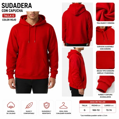 Sudadera Gorro Canguro 02 Unisex Color Rojo Casual senderismo moto bici correr deportes