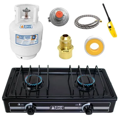 Combo DUO FLAMA BLACK parrilla 2Q-N 2 quemadores y tanque de gas