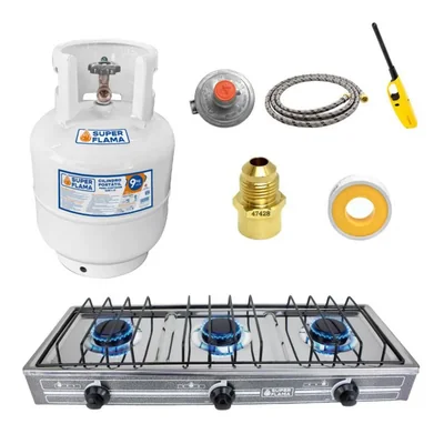 Combo TRIPLE FLAMA AC parrilla 3Q-CA-G de 3 quemadores y tanque de gas