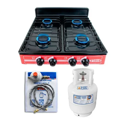 Combo TETRA FLAMA RED parrilla 4Q-R de 4 quemadores y tanque de gas