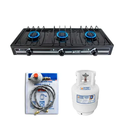 Combo TRIPLE FLAMA BLACK de parrilla 3Q-N 3 quemadores y tanque de gas