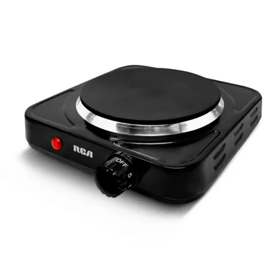 Parrilla eléctrica RCA RC1000N negra, disco plano, temperatura ajustable, calor uniforme, antiadherente, luz indicadora, compacta
