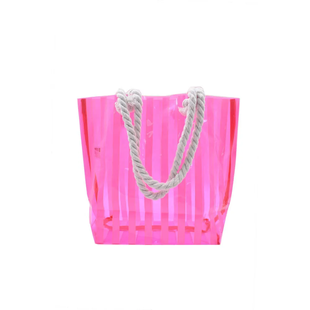 Bolsa de playa transparente rosa neón con líneas blancas