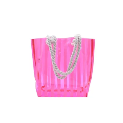 Bolsa de playa transparente rosa neón con líneas blancas