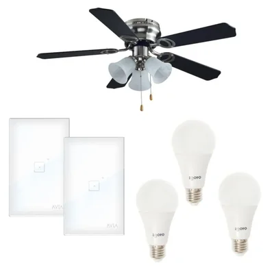 Kit ventilador funcional negro 3 velocidades 5 aspas 2 apagadores Touch Smart blancas y de regalo kit 3 focos leds 15 W