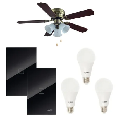Kit ventilador funcional café 3 velocidades 5 aspas 2 apagadores Touch Smart negros y de regalo kit 3 focos leds 15 W