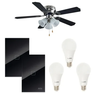 Kit ventilador funcional negro 3 velocidades 5 aspas 2 apagadores Touch Smart negros y de regalo kit 3 focos leds 15 W