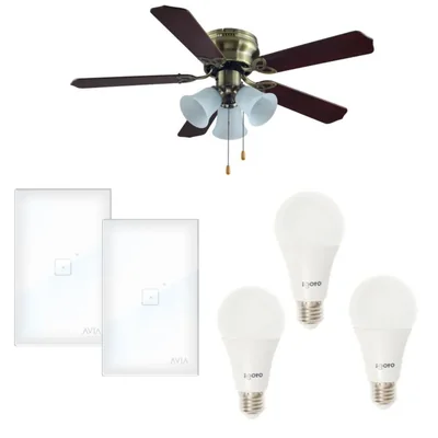 Kit ventilador funcional cafe 3 velocidades 5 aspas 2 apagadores Touch Smart blancos y de regalo kit 3 focos leds 15 W