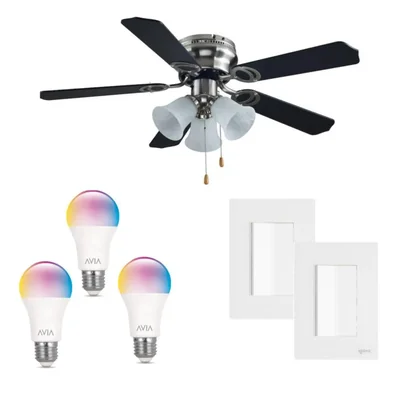 Kit ventilador funcional café 3 velocidades 5 aspas 2 placas apagador linea cristal 3 modulos negros y 3 focos inteligentes led de regalo