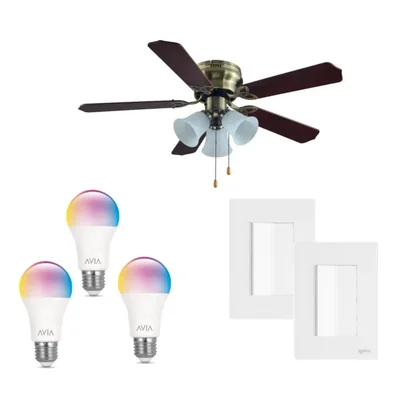 Kit ventilador funcional café 3 velocidades 5 aspas 2 placas apagador linea cristal 3 modulos negros y 3 focos inteligentes led de regalo