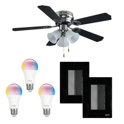 Kit ventilador funcional negro 3 velocidades 5 aspas 2 placas apagador linea cristal 3 modulos negros y 3 focos inteligentes led de regalo