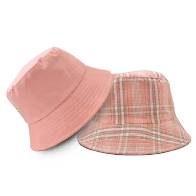 Sombrero Bucket doble vista en coral y cuadros