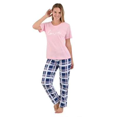 Pijama pantalón azul marino cuadro rosa y playera manga corta con estampado LOVE