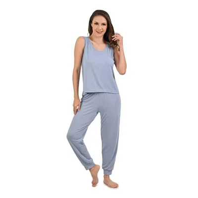 Pijama pantalón y playera match azul claro con playera sin mangas cuello redondo