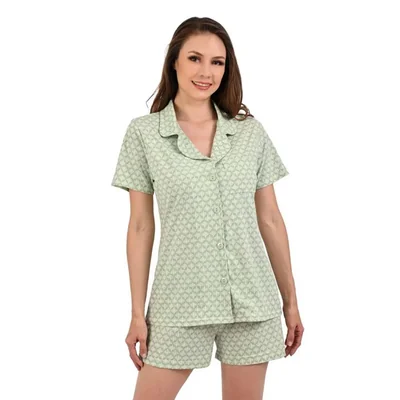 Pijama de short verde rombos y playera de botones en cuello V de manga corta para dama