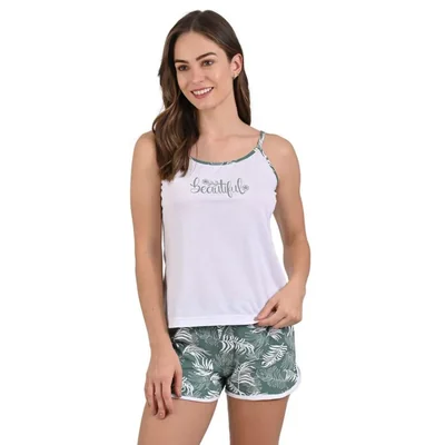 Pijama de short verde con plantas y playera de tirantes blanca y estampado de beatiful
