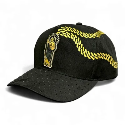 VAGO STYLE Gorra San Judas Diamond Negra Gamuza Cristales Piel Snapback Lujo