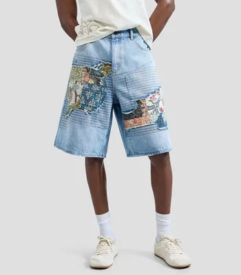 Bermuda de mezclilla estampado parches Hombre