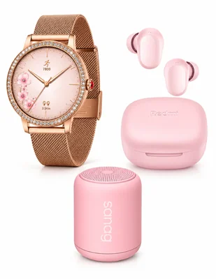 Combo audífonos True Wireless Xiaomi Redmi Buds 6 Play Rosa con Smartwatch Rosé y Bocina Sanag X6S Inalámbrica