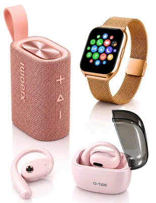 Bocina portátil XIAOMI sound pocket con filwans gts mini dorada y G-Tide OWS8 Bluetooth