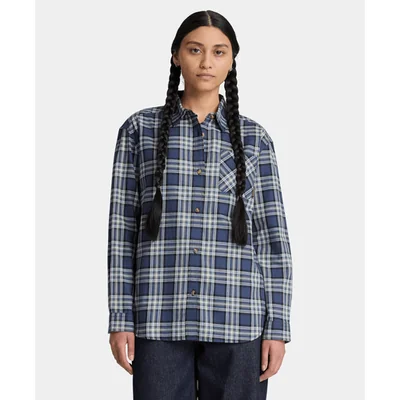 Camisa de manga larga de franela de peso medio para mujer, Azul