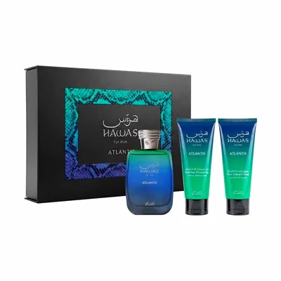 Hawas Atlantis Estuche 3 Piezas Unisex EDP 100ml + Limpiador de Rostro y Barba 100ml + Gel de Ducha 100ml