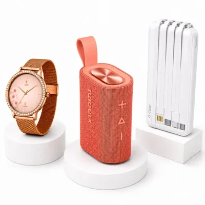 BOCINA XIAOMI SOUND POCKET ROSA CON SMARTWATCH FM DW01 DORADA Y POWERBANK G-TIDE P1 10000Mha BLANCA