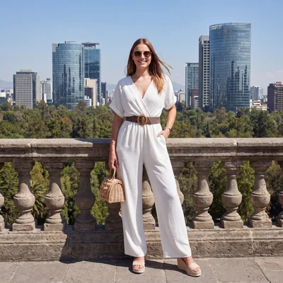 Jumpsuit Xally 2318 escote cruzado V manga murciélago cinturón en cintura pierna ancha looks casuales o de salida
