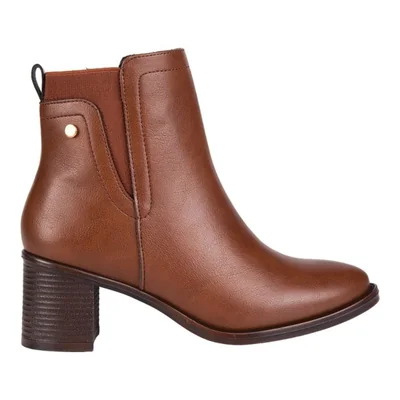 Bota de mujer, casual, con tacón ancho de altura media, acabado flotter, color cognac, mod. 1345096