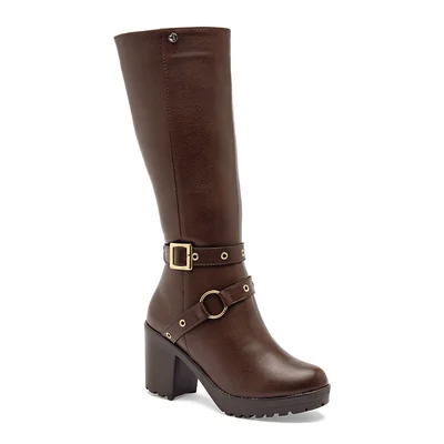 Botas altas de mujer con tacón y hebillas decorativas color cafe