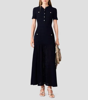 Vestido casual largo negro con botones metalizados Mujer
