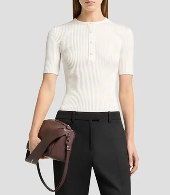Blusa lisa con detalle a canalé manga corta Mujer