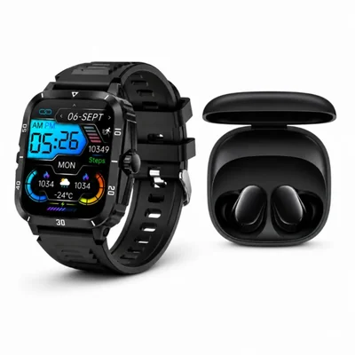 SMARTWATCH FUTUREM K71 ESTILO MILITAR CON AUDIFONOS REDMI BUDS 6 PLAY NEGRO