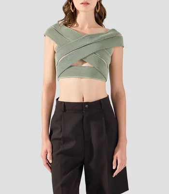 Top liso con detalle a canalé Mujer
