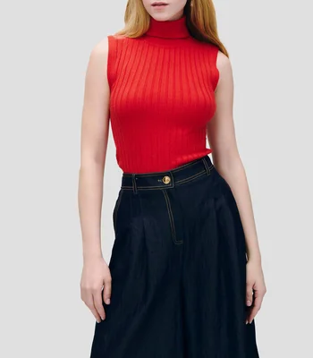 Top Tejido Canal Rojo Manga Sisa Cuello Tortuga Mujer