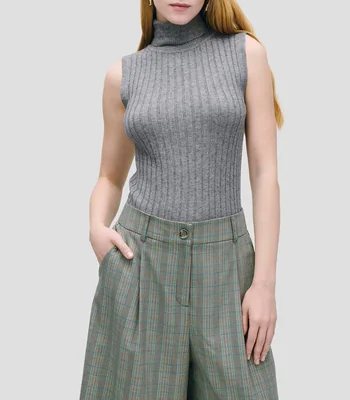 Top Tejido Canalé Gris Oxford Manga Sisa Cuello Tortuga Mujer
