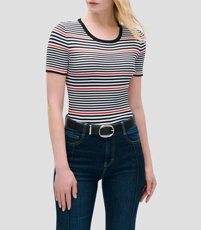 Top a rayas multicolor tejido canalé escote redondo Mujer