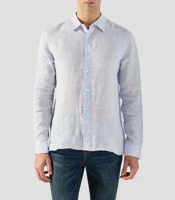 Camisa lisa en lino con manga larga Hombre