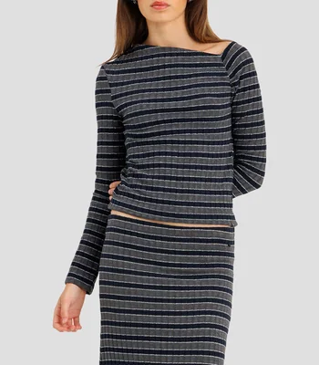 Top cuello asimétrico manga larga de rayas Mujer