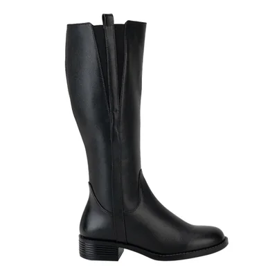Bota de mujer, de montar, larga, de piel, con tacón bajo, acabado flotter, negra, mod. 1344428