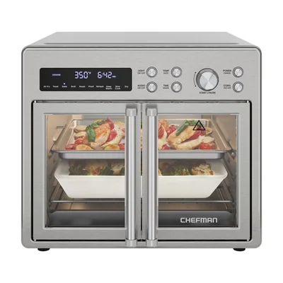 Chefman - Horno Tostador Freidora De Aire Con Puerta Francesa – 26 Qt  10 En 1  Acero Inoxidable Plateado