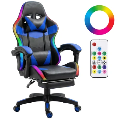 Silla Gamer Titano Azul con Reposapiés Luz LED Reclinable 90° a 150° Soporte Lumbar y Reposacabezas Ergonomica