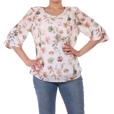 Blusa Floral Cuello Redondo con Perlas Foley's para Mujer