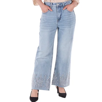 Jeans Wide Leg Bordado Floral Arqueology para Mujer
