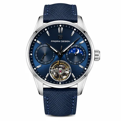 Reloj Pagani Design Automático Skeleton para Hombre con Fondo Azul y Correa de Caucho y Cuero