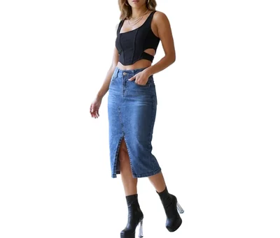 Falda Denim Midi de Mezclilla para Mujer Estilo Urban con Abertura Frontal Tiro Alto Pineda Jeans Azul Deslavado